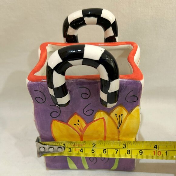 Milson & Louis Ceramic Purse Tote Bag Planter Vase Hand Painted Yellow Tulip - Picture 9 of 9